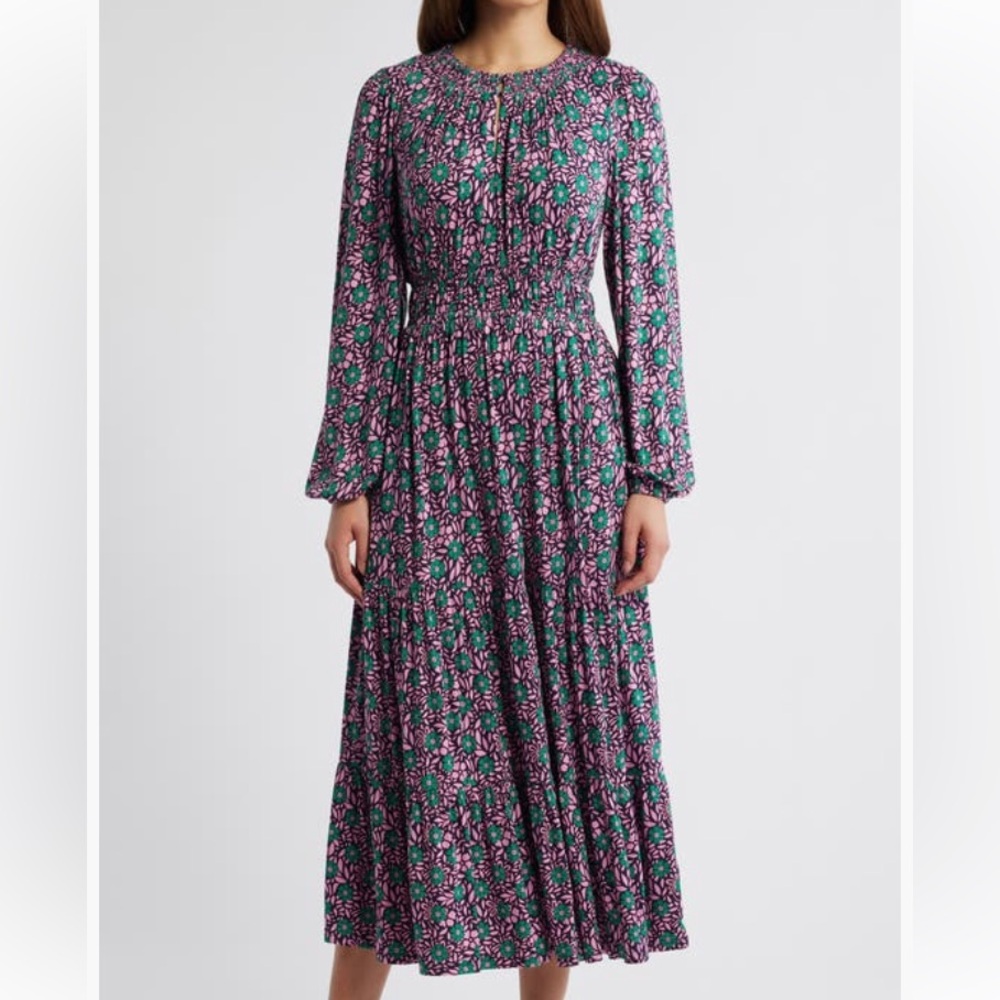 Boden Floral Long Sleeve Dress - Green and Pink